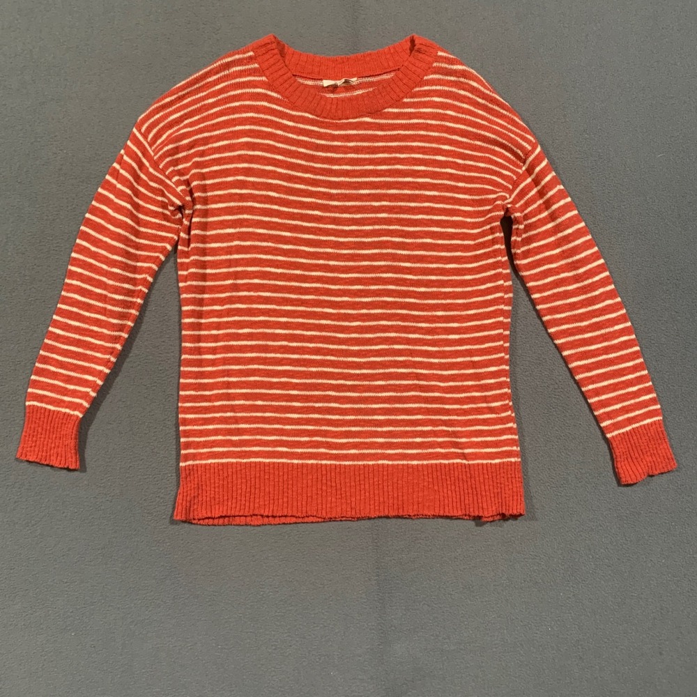 Easel Striped Sweater Women Size S Orange White Cotton Knit Crew Neck Pullover